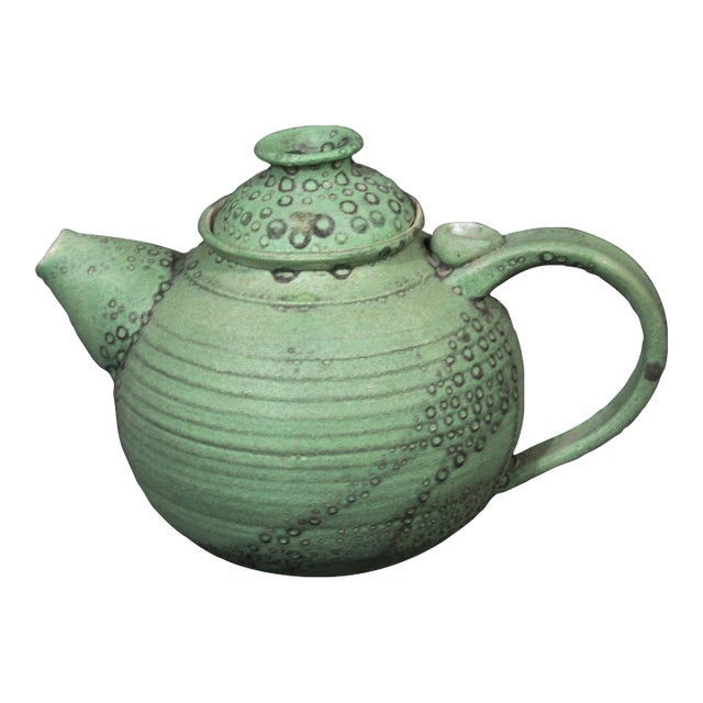 1990s Handmade Modernist Studio Pottery Teapot in Matte Green Glaze For Sale