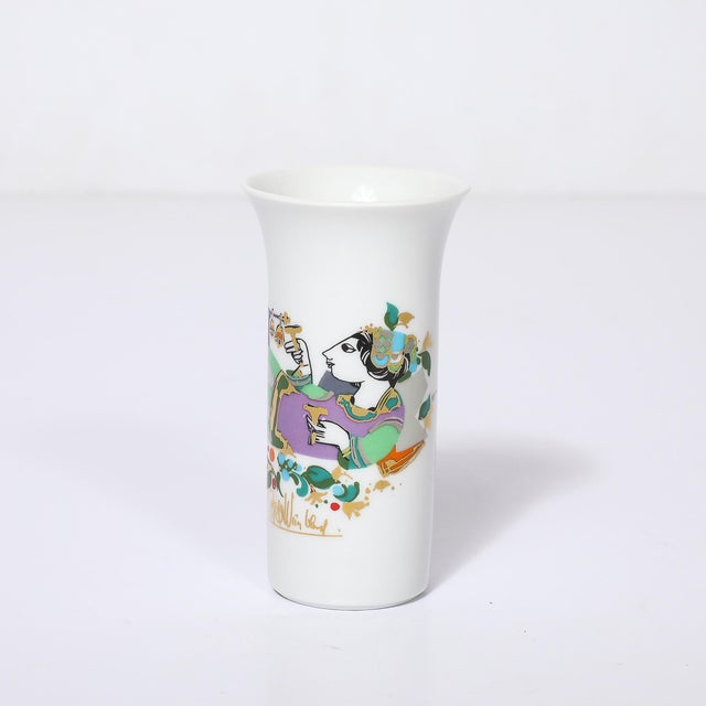 This elegant Bjorn Wiinblad for Rosenthal Mid-Century Porcelain Vase w/ 24kt Gold Overlay originated in Germany, circa...