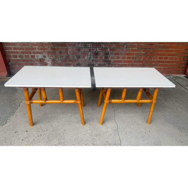White Mid - Century John Wisner for Ficks Reed Style Rattan Side Tables - A Pair For Sale - Image 8 of 8