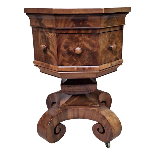Late 19th Century American Empire Crotch Mahogany Octogonal Rolling Side Table For Sale