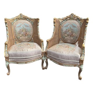 1940 French Louis XVI Pastel Beech Cane Bergères - Pair For Sale