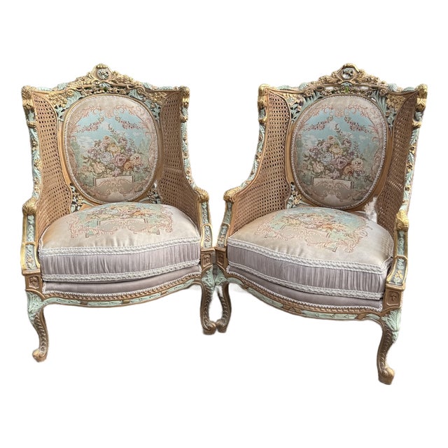 1940 French Louis XVI Pastel Beech Cane Bergères - Pair For Sale