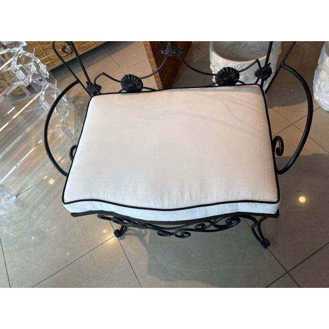 Vintage Wrought Iron Garden Patio Bench Stool Newly Upholstered Powder-Coated For Sale - Image 11 of 12