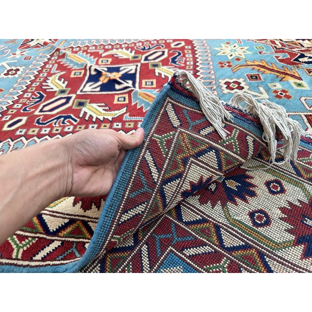 Hand-Knotted Blue and Red Afghan Medallion Wool Area Rug, 6'9" X 5'0 For Sale - Image 9 of 12