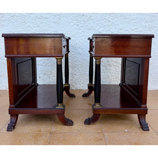 Wood French Empire Wood Nightstands with Marquetry and Black Columns, 1935, Set of 2 For Sale - Image 7 of 15