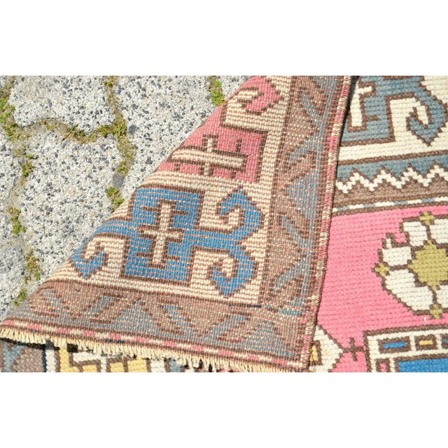 Vintage Pink and Blue Oushak Area Rug For Sale - Image 10 of 11