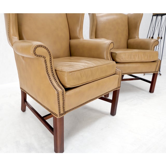 Tan Pair of Tall Tan Leather Wing Chairs on Solid Mahogany Stretcher Base Mint! For Sale - Image 8 of 17