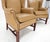 Tan Pair of Tall Tan Leather Wing Chairs on Solid Mahogany Stretcher Base Mint! For Sale - Image 8 of 17