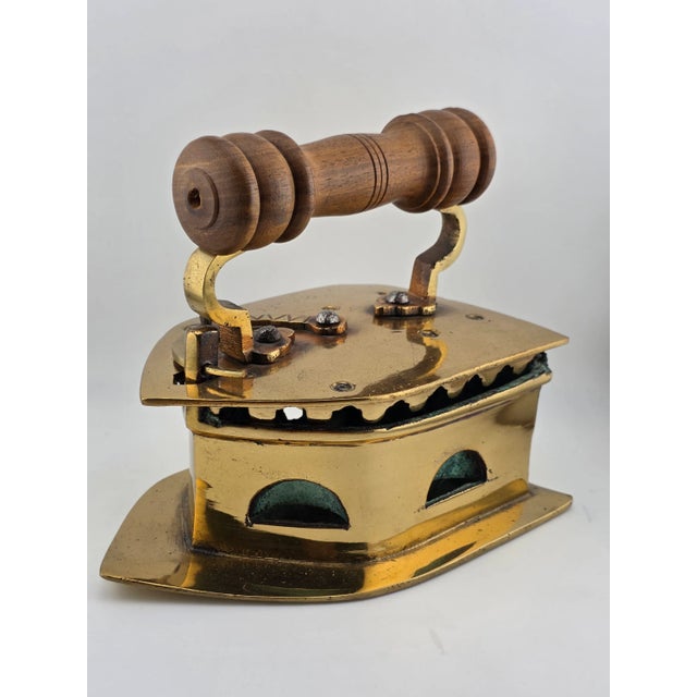 Antique C1850 Middle East Handmade Brass Charcoal Big Press Iron W Wooden Handle For Sale - Image 9 of 15