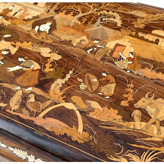 Large Box Trunk Bone Inlayed Rosewood Storage Village Scenery Very Fine Detail For Sale - Image 12 of 12