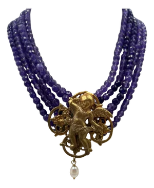 Brass Multi-layer Crystal Glass Statement Necklace 1980
