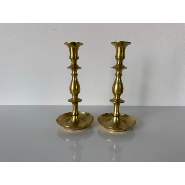 1960s Vintage Solid Brass Candlestick Holders – Pair For Sale - Image 5 of 8