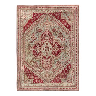 Antique Turkish Ghiordes Geometric Rug in Raspberry Red and Ice Blue and Green For Sale