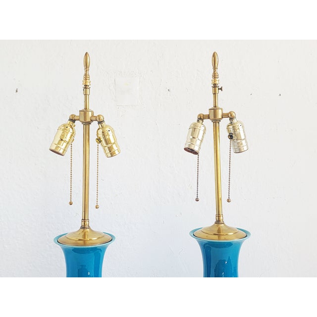 Metal Mid Century Modern Blue Cerulean Table Lamps-a Pair For Sale - Image 7 of 12