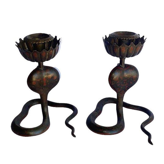 Art Nouveau 20th Century Hand Etched Persian Cobra Brass and Bronze Candle Holders, Pair For Sale - Image 3 of 12
