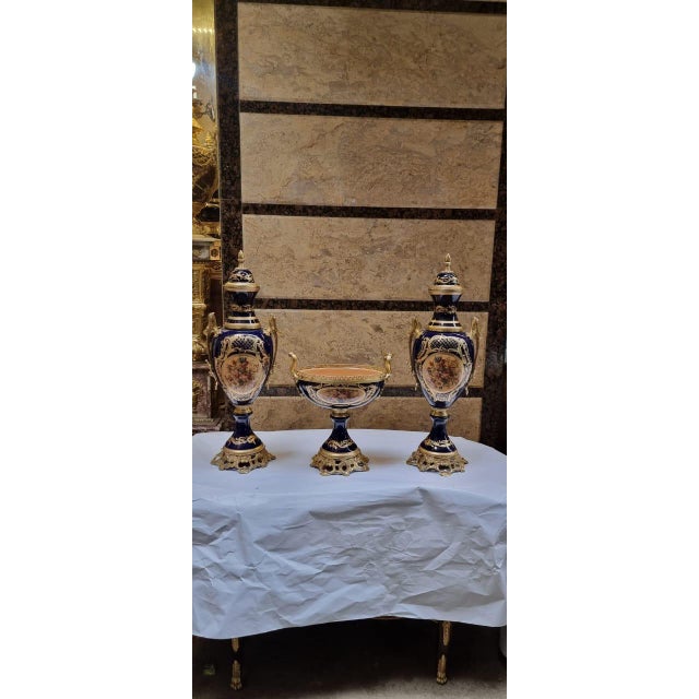 1960s French Porcelain Urn Centerpiece Set Hand-Painted Floral, Gilded Bronze For Sale - Image 5 of 6