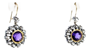 Gold and Silver Earrings with Diamonds and Central Purple Stones, Set of 2