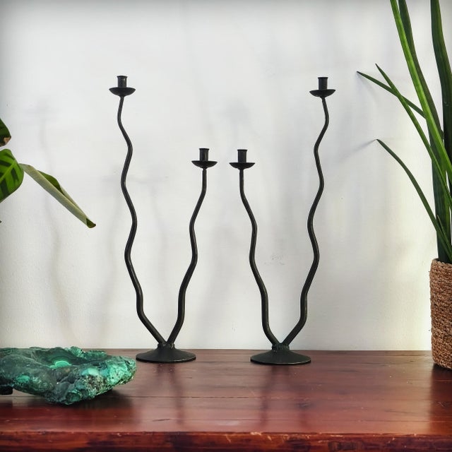Postmodern Brutalist Wrought Iron Candlesticks by Hysteria Design, France, 1980s, Set of 2 For Sale - Image 4 of 18
