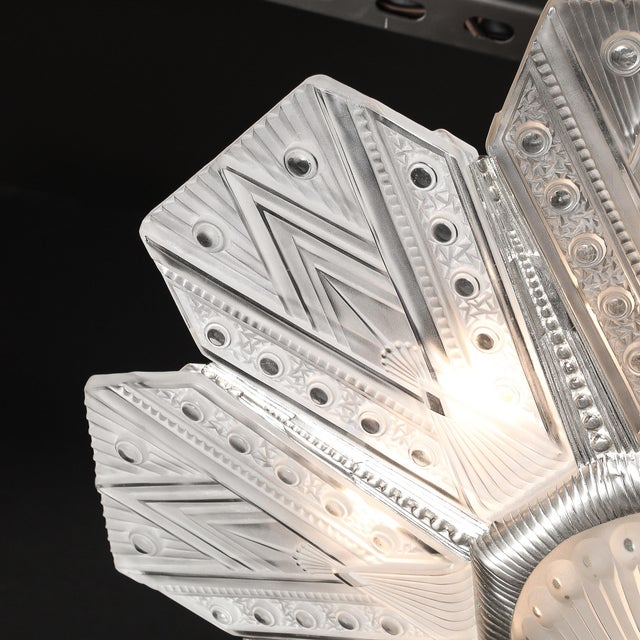 Art Deco Frosted Glass Cubist Geometric Detail & Fluted Chandelier Signed Leleu For Sale - Image 14 of 18
