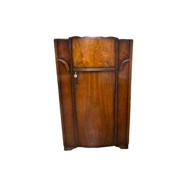 Vintage c.1930's Art Deco Style Wardrobe Cabinet. Classis streamlined design utilizing solid hardwood and burl walnut...