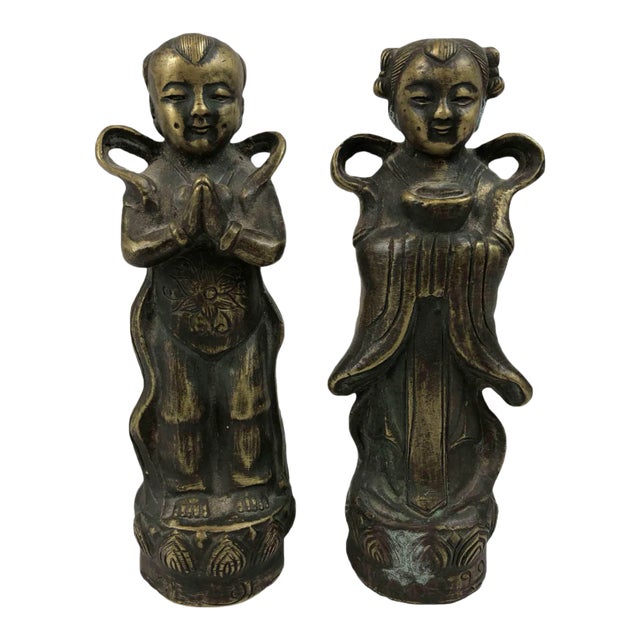 1920s Antique Chinese Brass Children Statues - a Pair For Sale