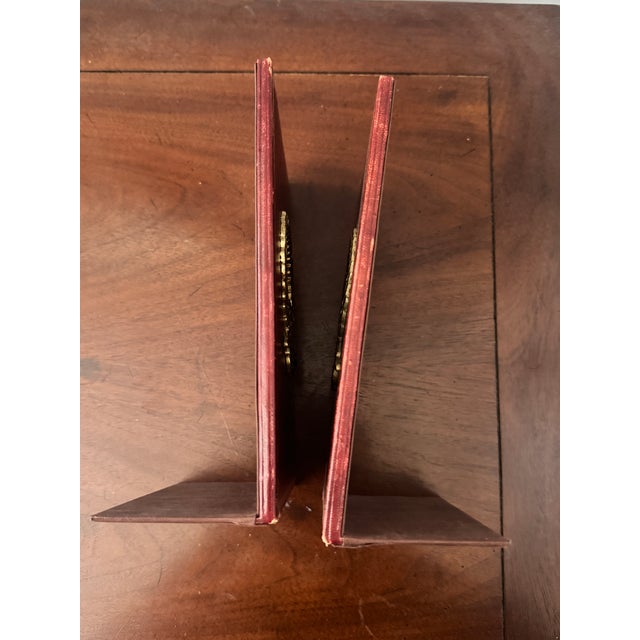 Animal Skin 20th Century Red Leather Brass Laurel Wreath Bookemds a Pair For Sale - Image 7 of 12
