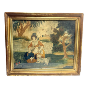 18th C, American School "Woman, Dog and Basket of Geese," Watercolor on Silk