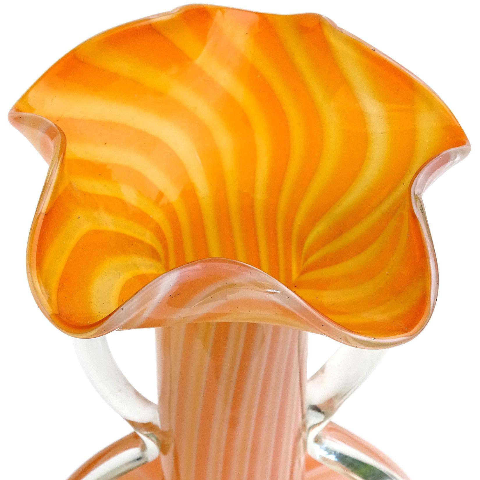 Vintage Tall Orange White Candy Stripes Double Handles Ruffled Rim