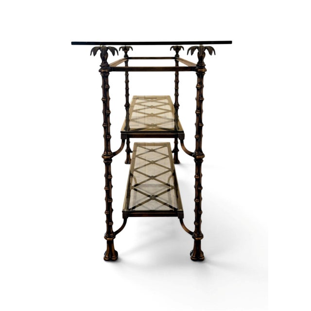 Late 20th Century Hollywood Regency Bronzed Metal Faux Bamboo Console Table With Palm Tree Finials For Sale - Image 5 of 12