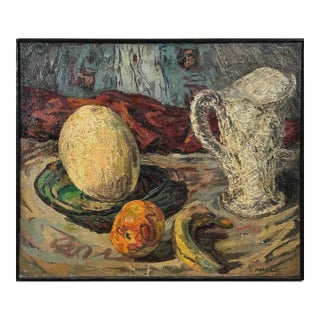 Anthony Ferrara (American, 1930-2012) - Vintage Still With Melon, Signed (1952, Oil on Canvas)/Lucian Freud For Sale