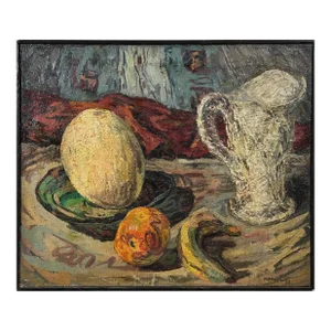 Anthony Ferrara (American, 1930-2012) - Vintage Still With Melon, Signed (1952, Oil on Canvas)/Lucian Freud