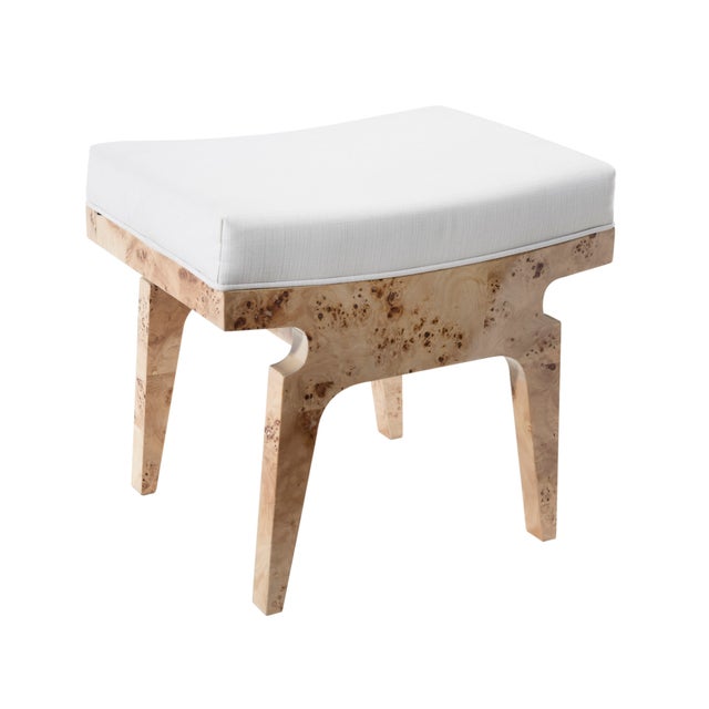 Contemporary Matthew Izzo Home Fergie Burlwood & White Linen Stool For Sale - Image 3 of 6