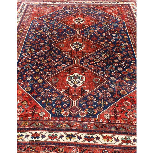Persian Early 20th Century Antique Persian Shiraz Rug With Tri-Medallion Geometrics in Royal Blue and Red For Sale - Image 3 of 13