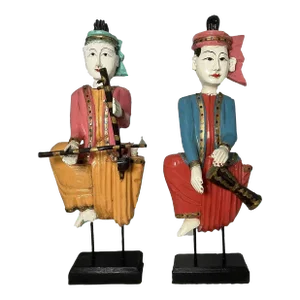 Vintage Burmese Wooden Musician Figurines Erhu and Drum- a Pair