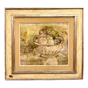 Lazzaro Donati, Italian Modernist Surrealist Bowl Of Fruit Still Life Oil Painting La Fruttiera, 1961