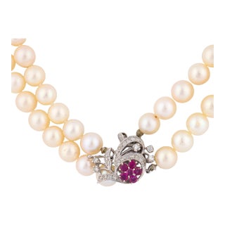 Vintage Ruby Diamond Pearl 14k White Gold Necklace For Sale