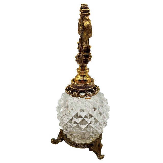 1950 Hollywood Regency Matson Gold Gilt Floral & Glass Perfume Atomizer & Bottle For Sale - Image 4 of 11