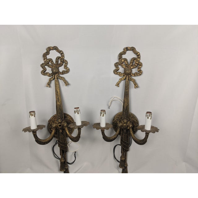 Gold Vintage Ornate Gold-Tone Two-Light Wall Sconces With Shades - Pair For Sale - Image 8 of 18