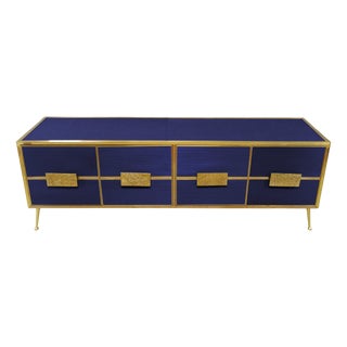 Italian Blue Grisinato Murano Glass and Brass Four-Door Sideboard from Justfurnituress SRL For Sale
