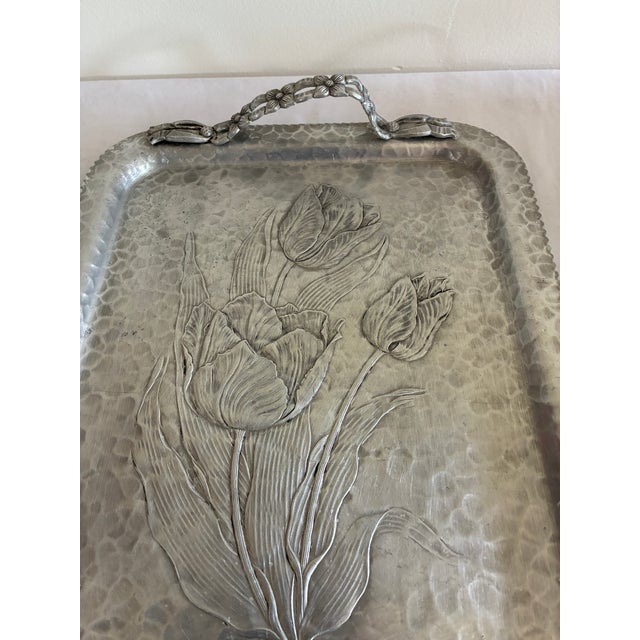 Vintage Rodney Kent Hand Wrought Hammered Aluminum Tulip Tray With Handle For Sale - Image 4 of 11