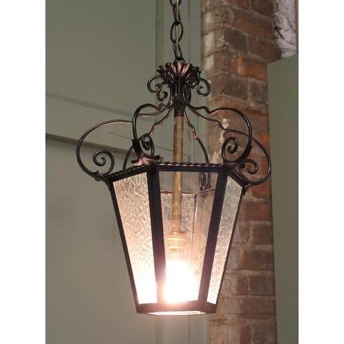 Arts & Crafts Wrought Iron Lantern in Glass, 1900s For Sale - Image 4 of 7