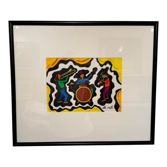 Jamaican Island Musicians Framed Gouache For Sale