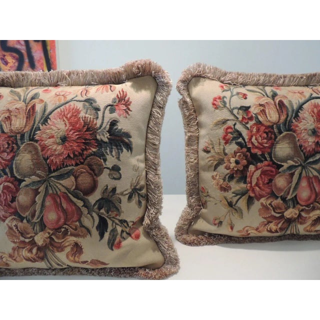 Textile Vintage Aubusson Style Orange and Green Tapestry Square Decorative Pillows - Set of 2 For Sale - Image 7 of 7