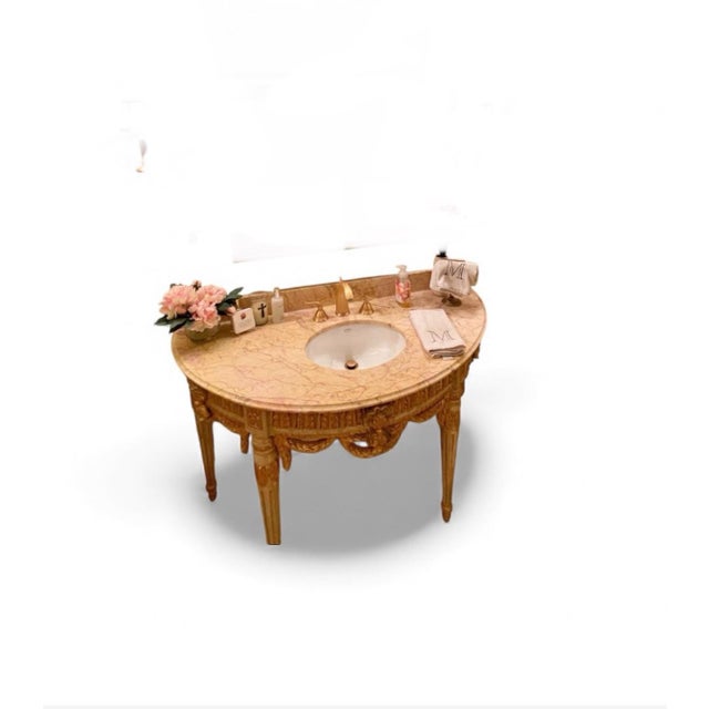 Louis XVI French Marble-Top Vanity With Giltwood Urns, Garlands & Fleur-De-Lis For Sale - Image 9 of 10