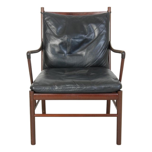 Colonial Chair in Mahogany and Black Leather by Ole Wanscher, 1980s For Sale