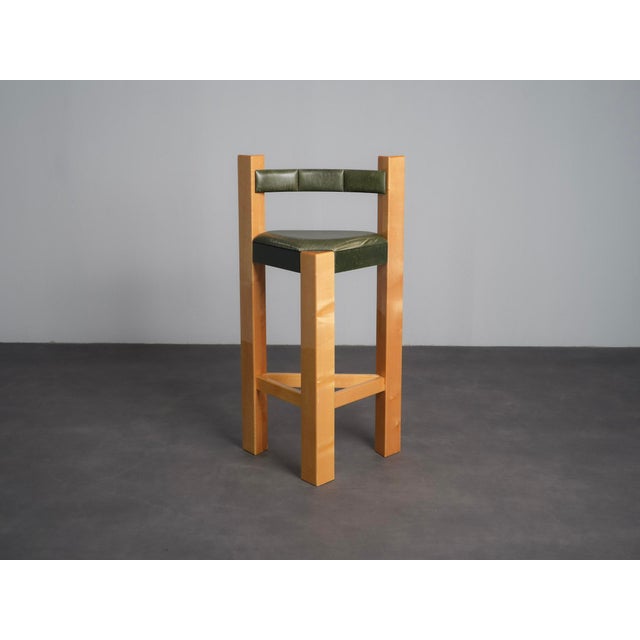 Postmodern Architectural Wood and Leather Bar Stools, Netherlands, 1990s, Set of 3 For Sale - Image 3 of 11