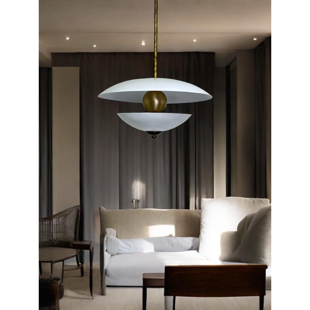 White Handcrafted Pearl Look Brass Pendant Light For Sale - Image 8 of 9