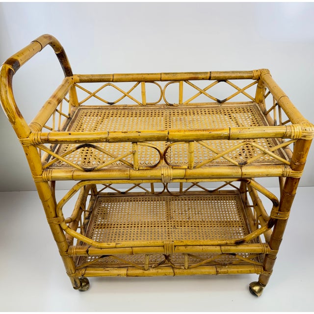 1960s Vintage Bamboo and Cane Two-Tier Bar Cart With Brass Casters For Sale - Image 5 of 13