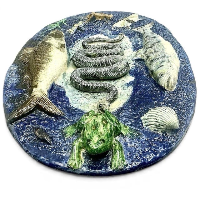 Antique François Maurice French Palissy Majolica Snake Fish Platter Plaque 1880 For Sale - Image 10 of 12