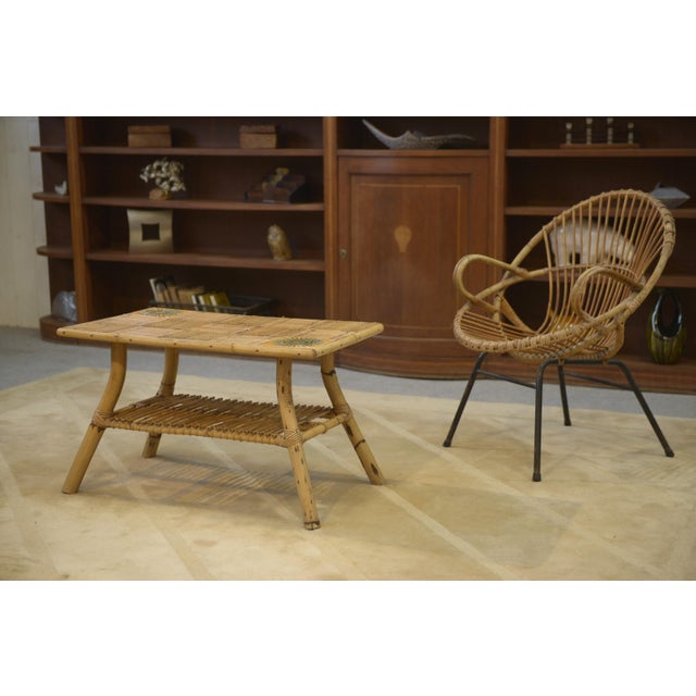 Coffee Table in Rattan and Ceramic attributed to Audoux Minet, 1950s For Sale - Image 3 of 9